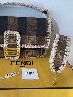 Authentic FENDI Pequin Gingham Canvas And Raffia Baguette Satchel